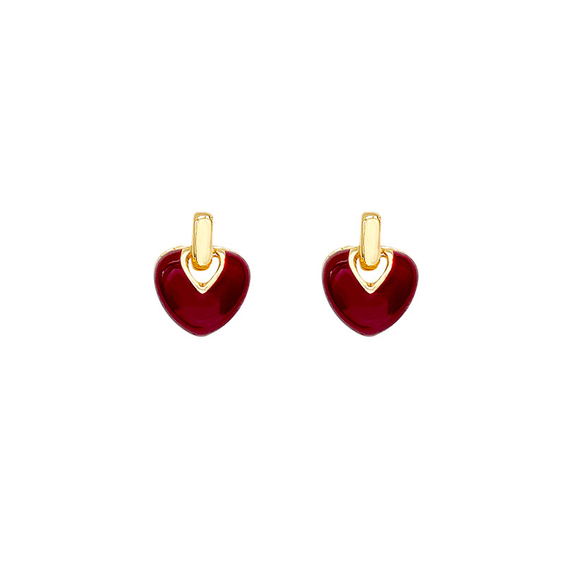 Heart-shaped stud earrings for women, a niche design with a sense of sophistication, a series of red oil-dripping New Year girl retro Christmas earrings Item Picture