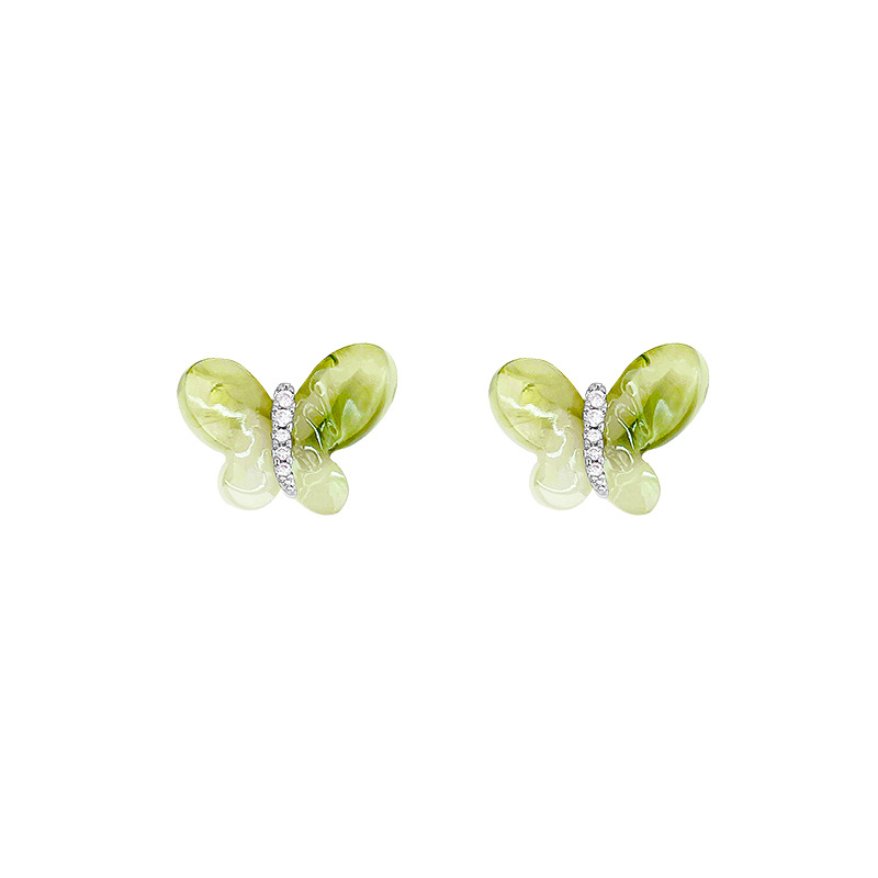 Slightly inlaid zircon green butterfly stud earrings for women in summer, exuding a high-end and elegant temperament, versatile and exquisite earrings, asymmetrical earrings Item Picture