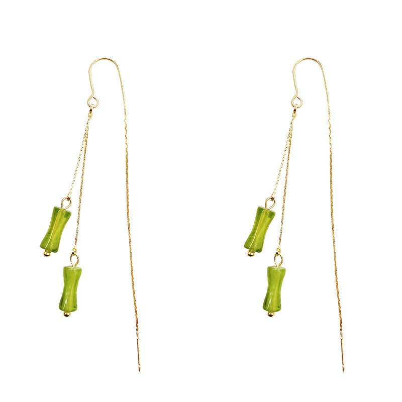 Green bamboo joint ear thread women's forest-style super fairy long tassel earrings, high-end, fashionable and stylish earrings and earrings wholesale Item Picture
