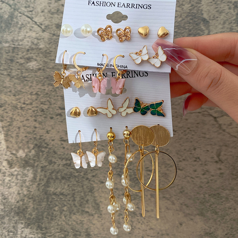 52198 New European and American cross-border circular tassel Earrings, creative butterfly Imitation Pearl Earrings Set of 6 pieces full figure