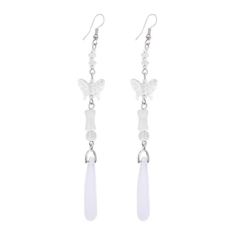 Imitation jade Chinese-style style earrings, new Chinese-style butterfly earrings for women, long exaggerated tassel earrings, high-end ear hooks Item Picture