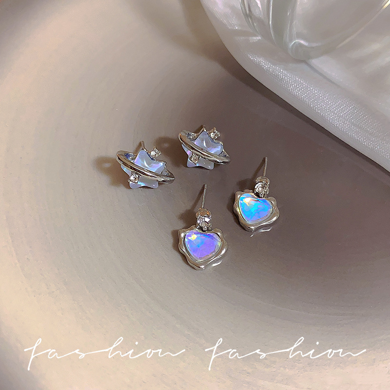Blue starry sky stud earrings for women, five-pointed star diamond earrings, a niche design, 925 silver needle earrings, new 2024 style Specification drawing