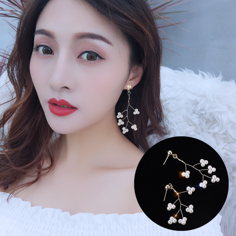 Summer new long earrings for women, hand-woven purple glutinous rice pearl forest-themed branch earrings, simple and elegant full figure