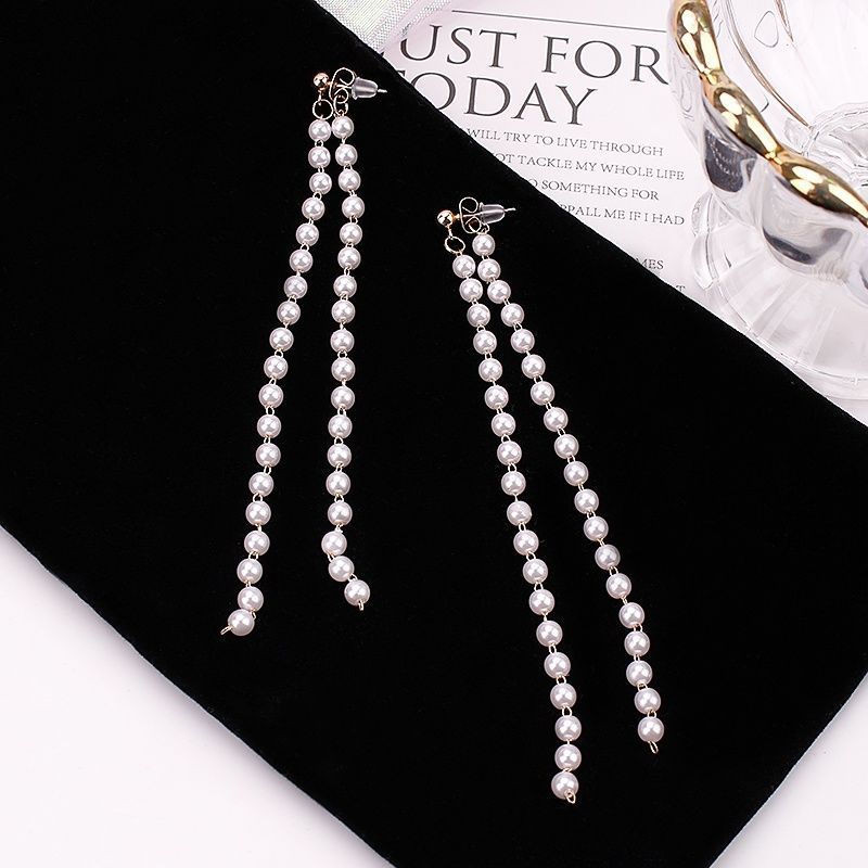 New extra-long pearl earrings, popular female Internet celebrity earrings, Korean style and personality, tassels, super ethereal and trendy earrings Specification drawing
