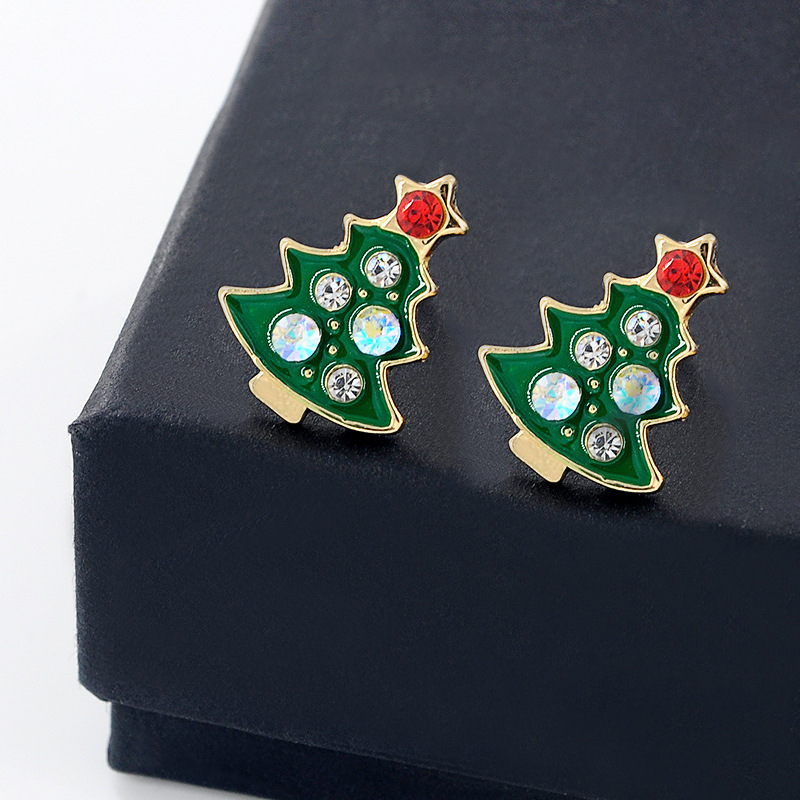 S925 Silver needle green oiling Christmas Stud earrings set with colorful diamonds, my Christmas tree earrings, cross-border Christmas earrings Specification drawing