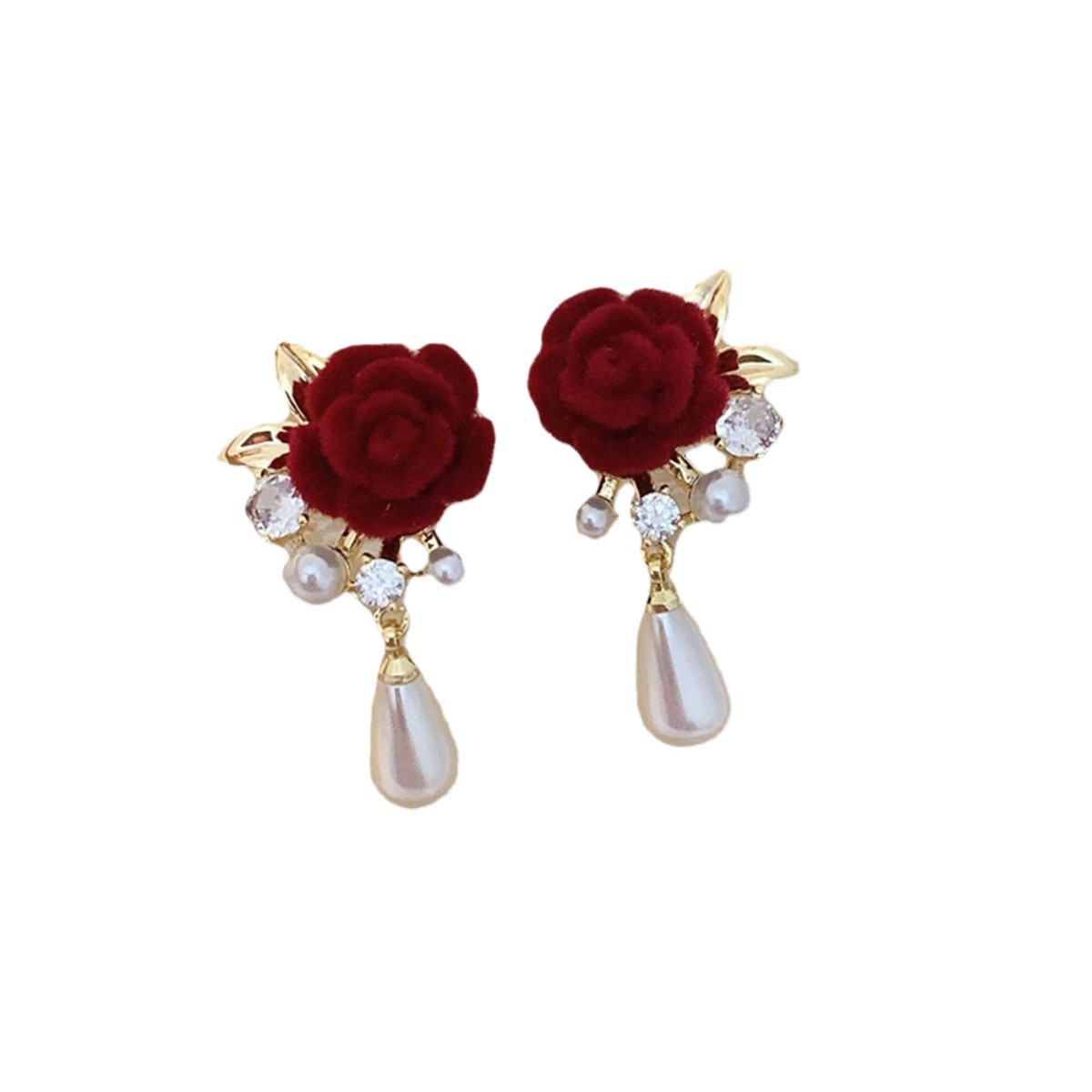 French red plush flower stud earrings, a retro and fashionable Hong Kong style earring with a unique design and simple style Item Picture