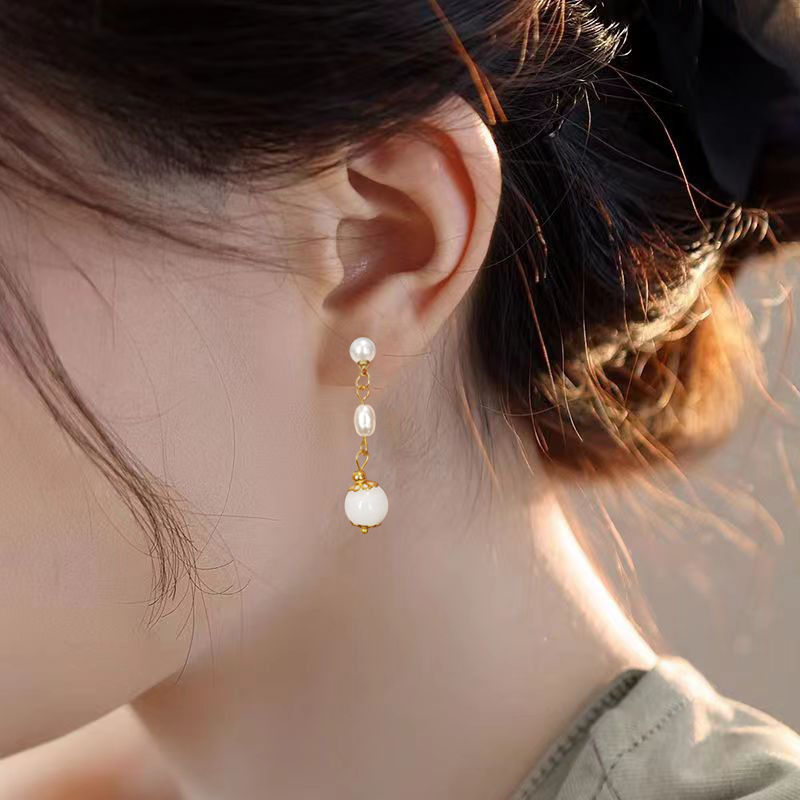 Imitation pearl earrings, women's retro Hanfu white jade earrings, elegant new trendy pearl droplet Xiuhe earrings details Picture