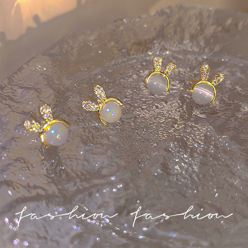 s925 silver needle diamond-encruted cute little rabbit earrings, women's high-end, simple cat's eye stone exquisite light luxury stud earrings Specification drawing