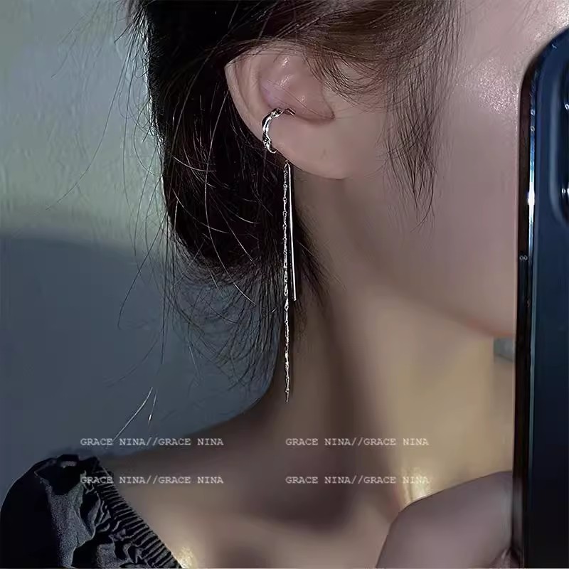 Light luxury long tassel earrings without ear piercings, women's high-end, niche design earrings, cold style, slimming face, ear accessories Specification drawing