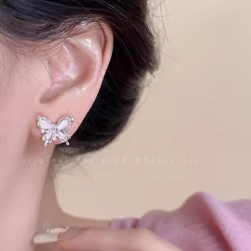925 Silver Needle Pink Butterfly Cat's Eye Stone Ear Stud Women's Summer exquisite and High-end earrings, 2024 New Style earrings Application Scenario