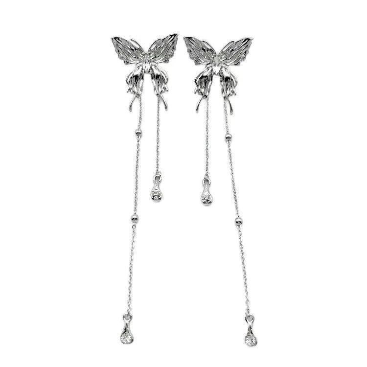 925 Silver needle liquid butterfly Earrings, exquisite, niche and high-end, fairy stud earrings, women's super fairy silver tassel earrings Item Picture