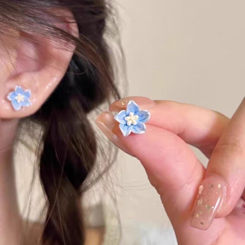 925 Silver needle blue and pink camellia ear studs, small, exquisite and sweet earrings, fresh and versatile, simple earrings wholesale Specification drawing