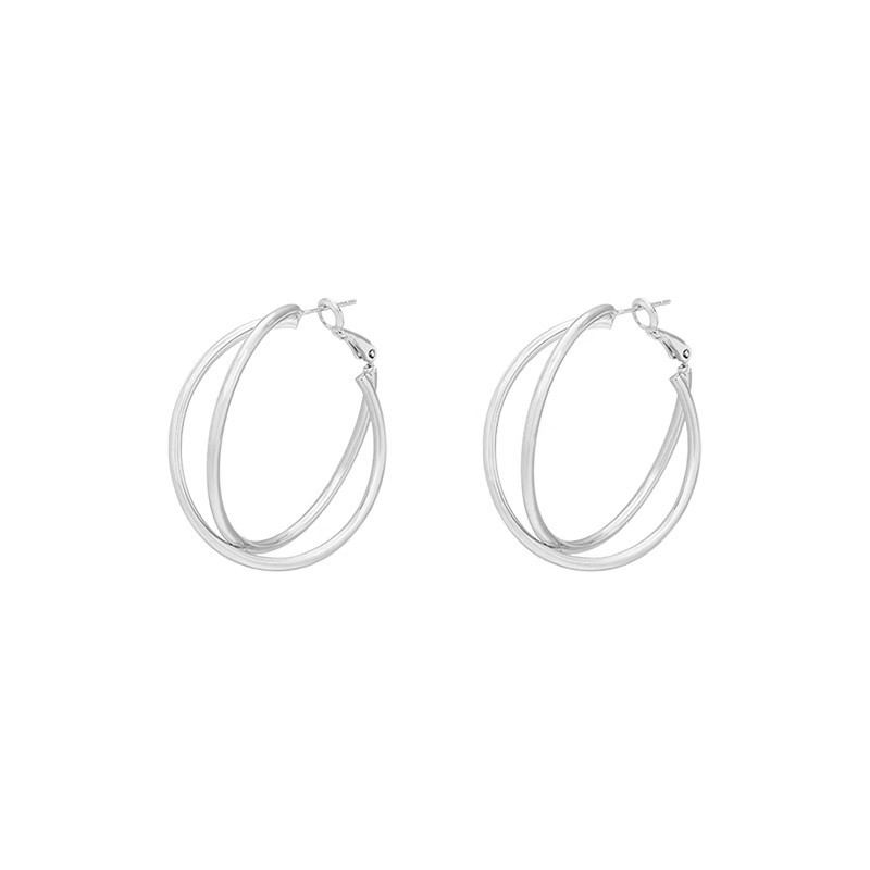 Double-layer silver ring large earrings, exaggerated and simple for women, plain ring stud earrings, cold style, unique and versatile earrings Item Picture