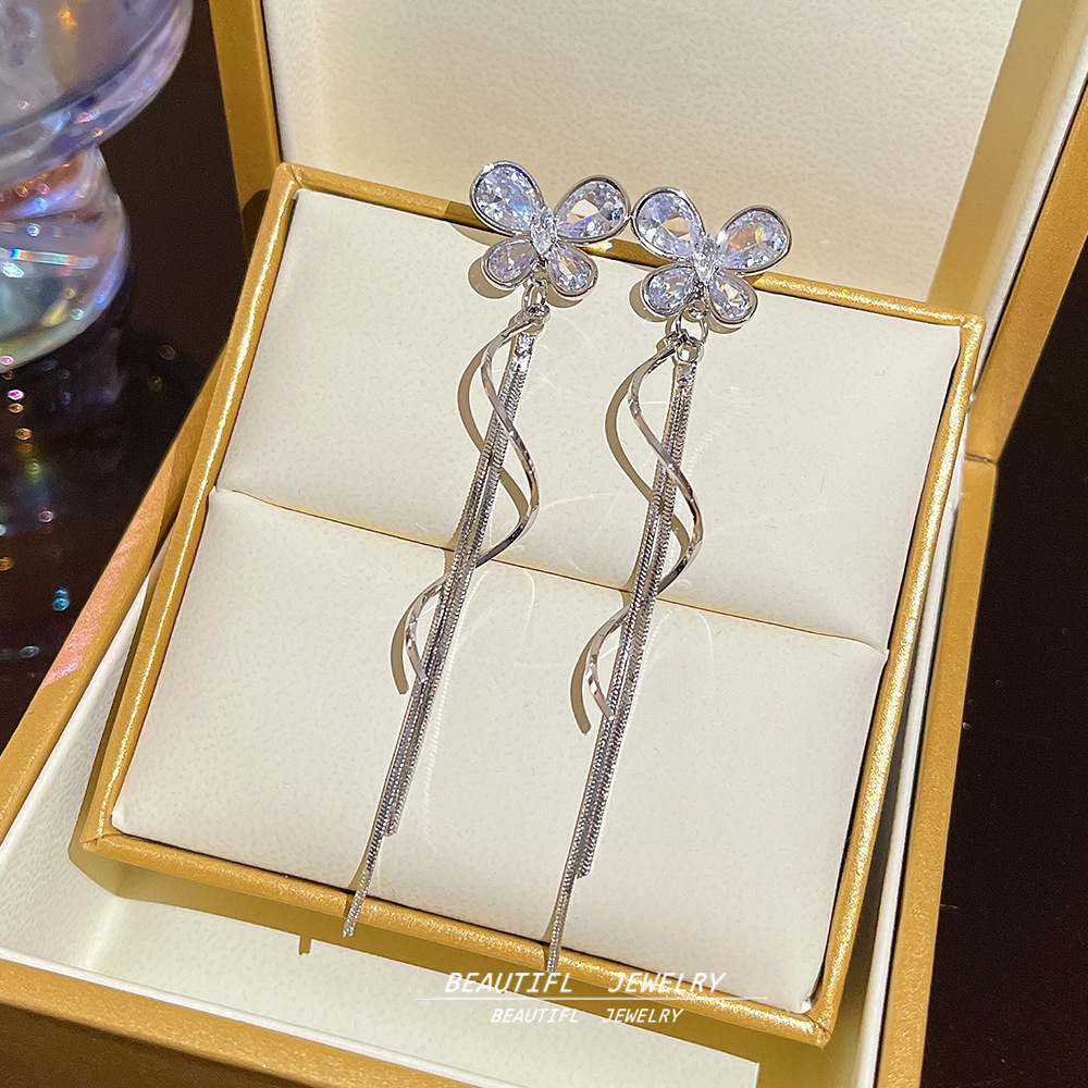 New zircon bow wavy tassel earrings, grand and exaggerated long stud earrings, versatile fairy earrings wholesale details Picture