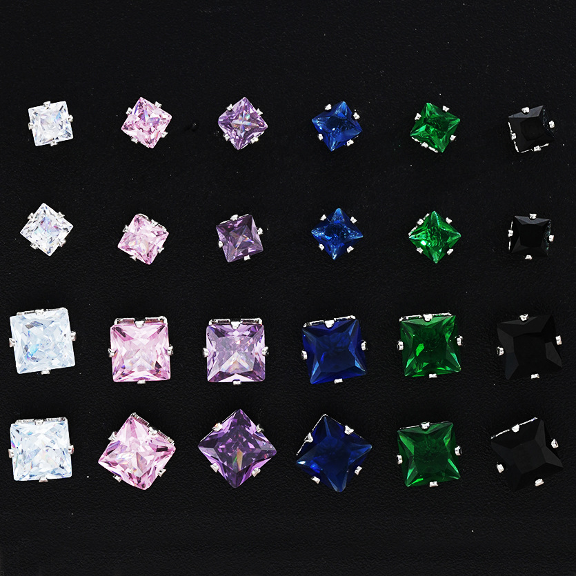 A 12-piece set of fashionable geometric square zirconia stud earrings from Europe and America, featuring a light luxury and creative high-end feel for women full figure