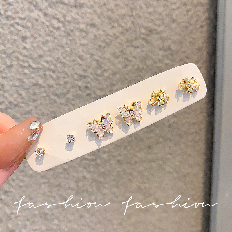 Six-piece set of micro-inlaid butterfly flower stud earrings for women, small, exquisite and simple earrings, stylish and versatile accessories Specification drawing