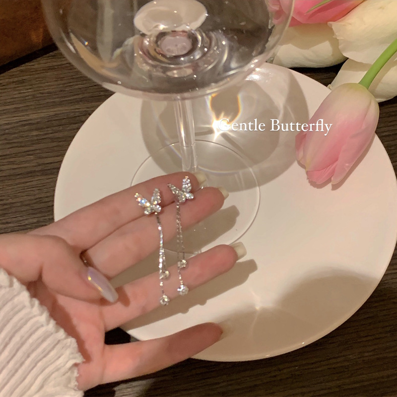 Butterfly tassel earrings for women, 925 silver needle, elegant and refined ladylike earrings, light luxury, niche and high-end feel, wholesale of internet-famous ear studs Specification drawing