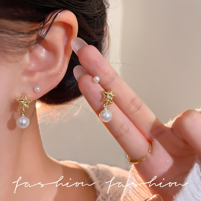 Two-piece pearl star stud earrings, a new bestseller in 2025, with a niche design and a high-end, unique earring for women details Picture