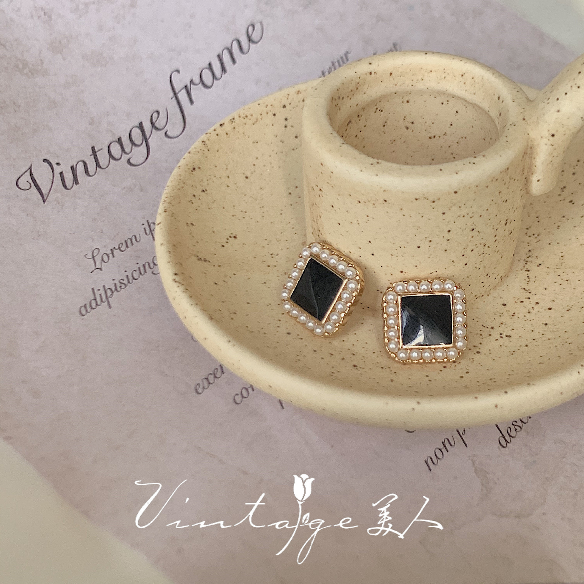 S925 Silver Needle Oil Drip French classic elegant and exquisite rainbow ear clips, small and versatile black square pearl ear studs details Picture