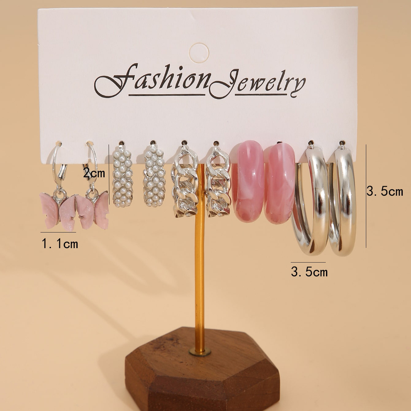 Creative and simple pink acrylic C-shaped chain earrings, a new cross-border pearl butterfly earring set of 5 pieces Specification drawing