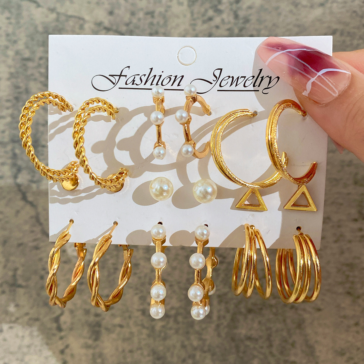 52251 European and American cross-border best-selling C-shaped earrings, retro imitation pearl ring earrings Set of Nine pieces full figure