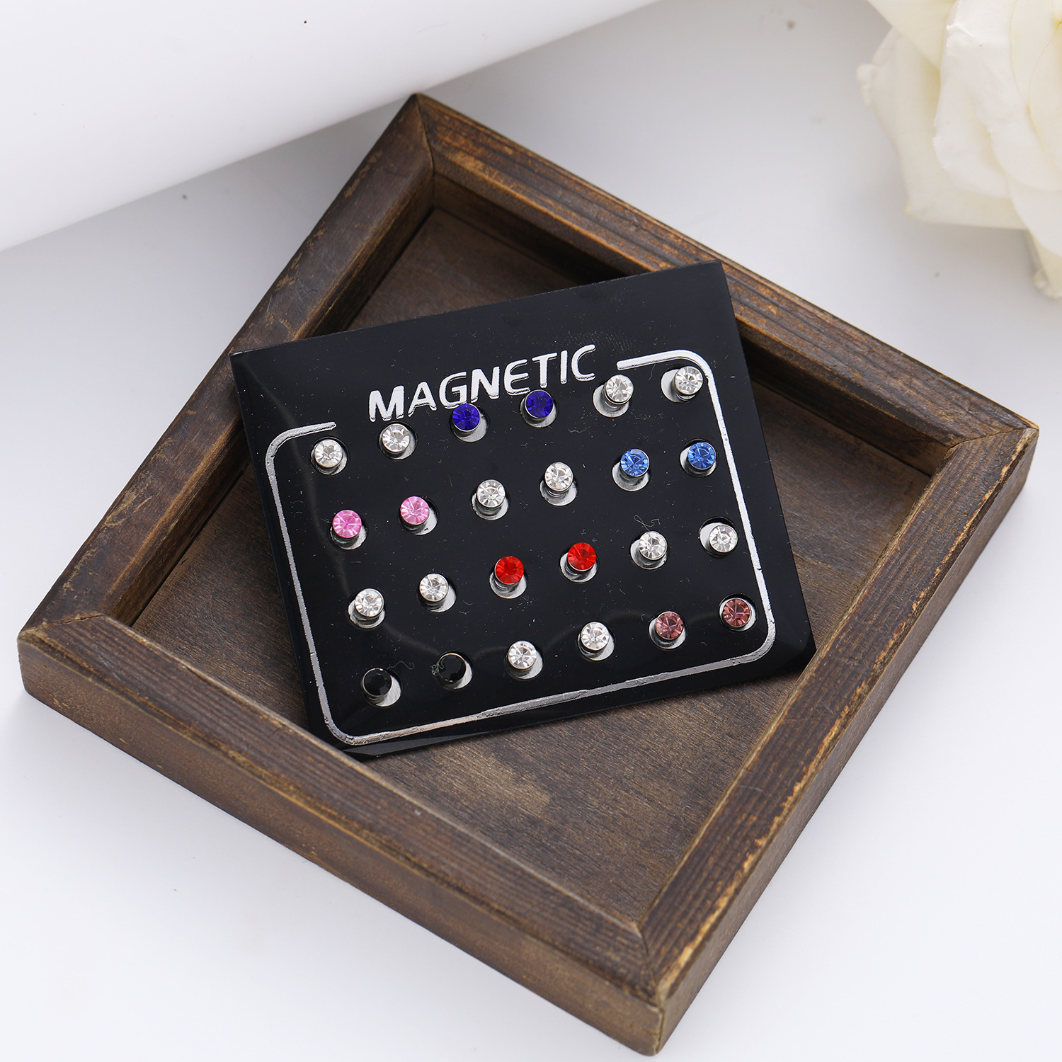 European and American cross-border accessories, fashionable colorful diamond-encrusted double round crystal stud earrings set, 12 pairs of magnetic women's stud earrings Application Scenario