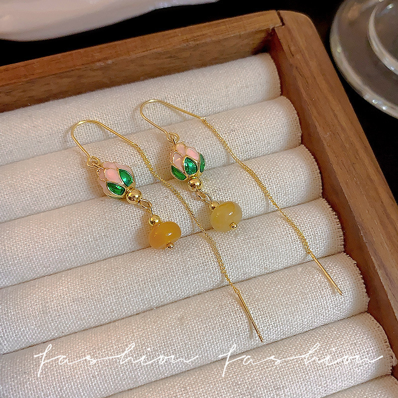Court French long glazed pearl earrings, retro tassel earrings, simple, niche and versatile ear thread earrings for women Specification drawing