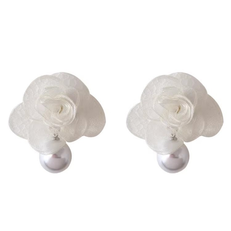 French camellia pearl stud earrings for women, light luxury and high-end style, forest-themed earrings, fabric mesh earrings wholesale Item Picture