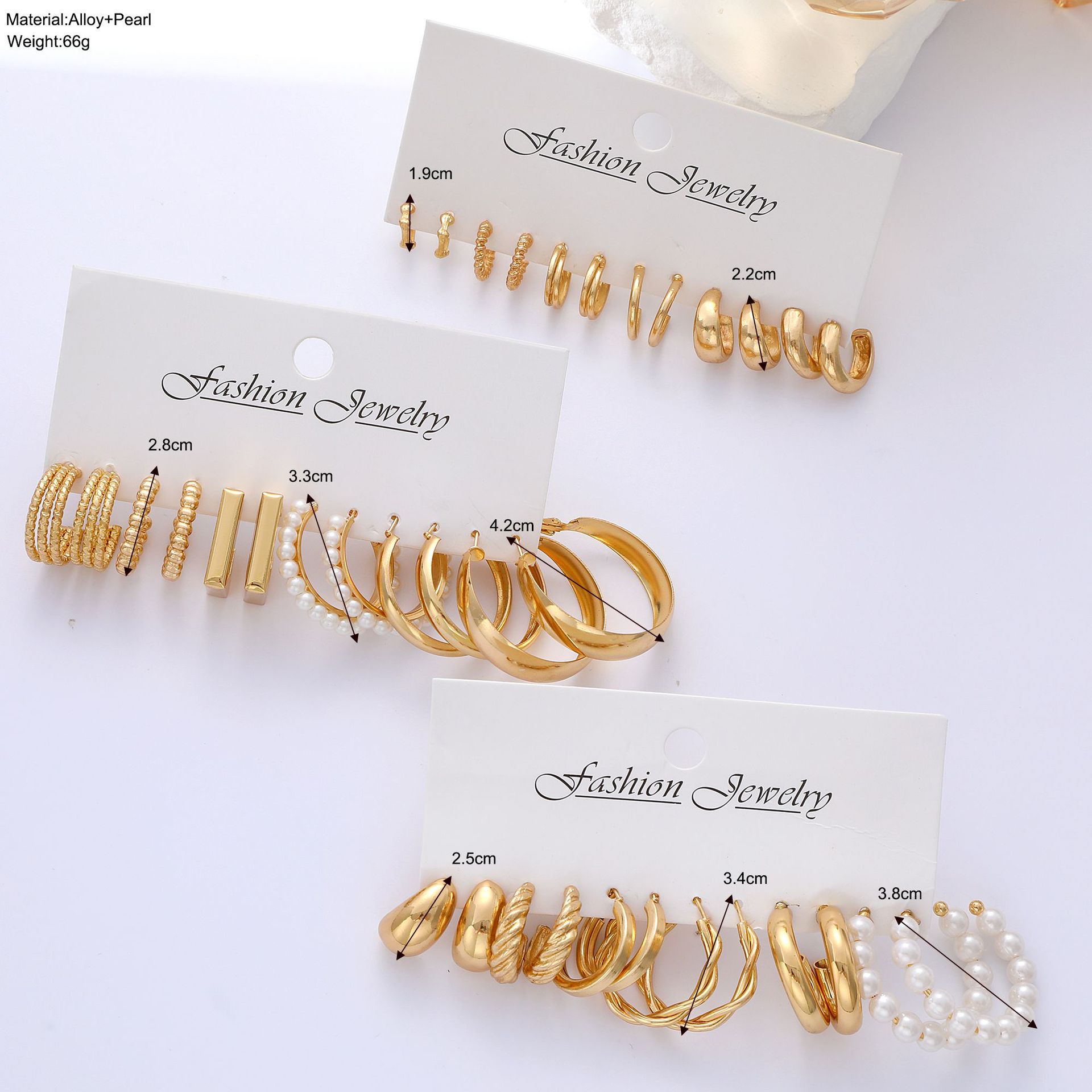 A creative and personalized 8-piece set of European and American cross-border fashion ins metallic geometric round pearl imitation pearl earrings details Picture
