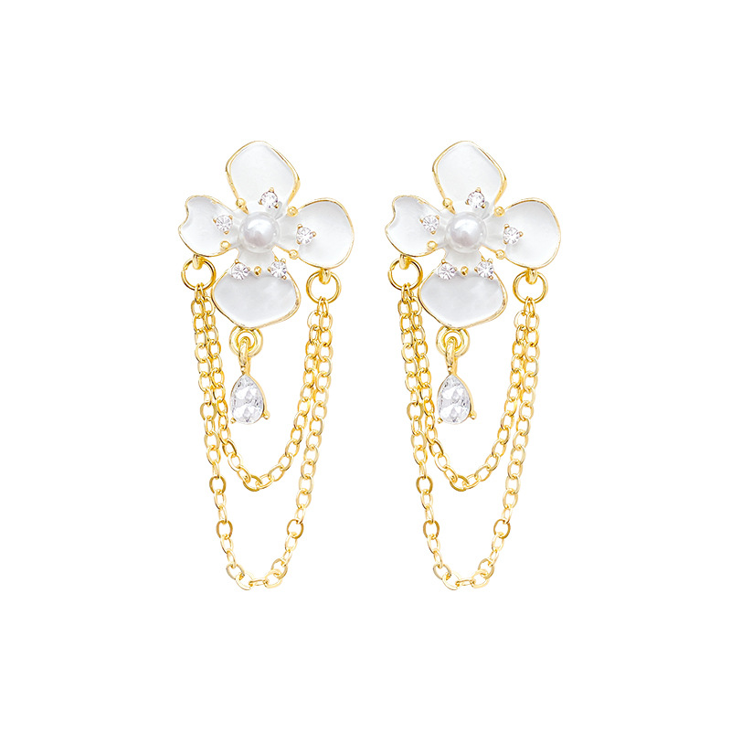 Silver needle diamond-encrusted pearl flower tassel earrings, niche, elegant and atmospheric earrings, fashionable, light luxury and high-end earrings Item Picture