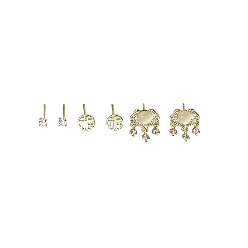 s925 Silver Needle Peace Lock Fu Character Ear Stud Ear Care Six-piece Set, a niche, versatile and light luxury earring 2025 New bestseller Item Picture