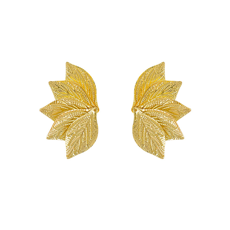 Gold and silver dual-color leaf-shaped textured earrings, symmetrical cross-border earrings, five-leaf multi-layered accessories Item Picture