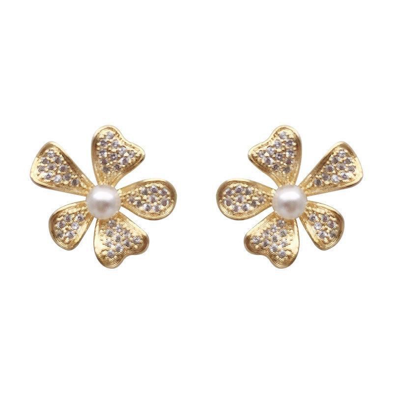 Little Daisy flower stud earrings, Korean chic Internet celebrity, full diamond earrings, full diamond pearl flower stud earrings Item Picture