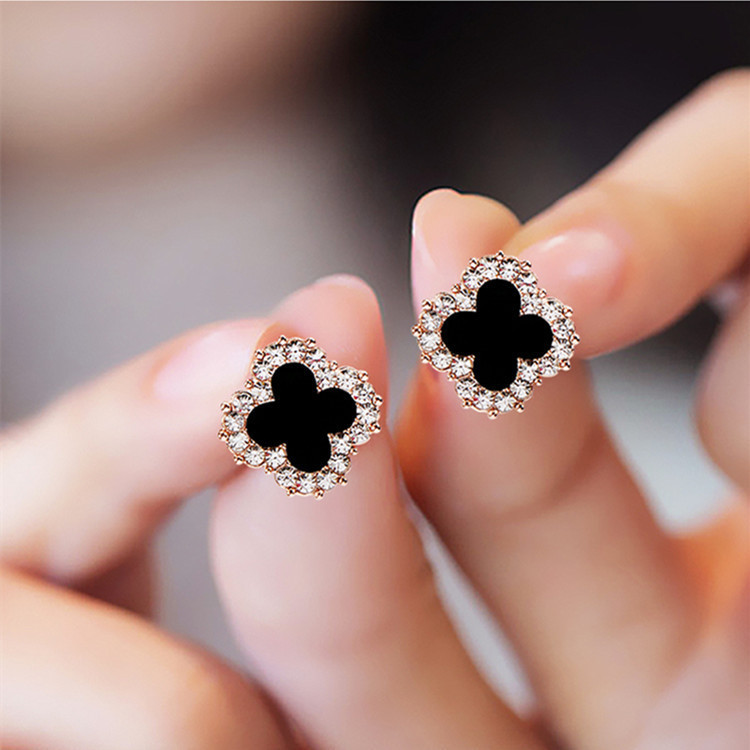 S925 Silver needle four-leaf clover stud earrings, simple and elegant, slightly inlaid zircon trendy earrings, classic, shiny and small earrings for women full figure