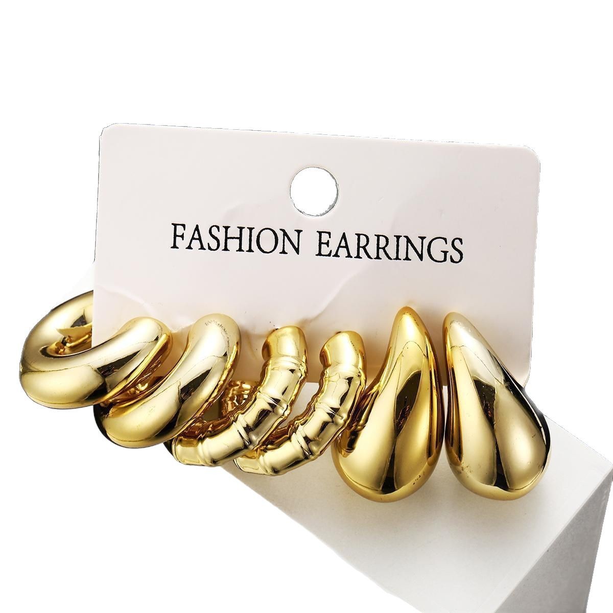 New cross-border fashion CCB water drop bamboo joint earring set from Europe and America, golden simple and light luxury earrings wholesale 3-piece set Item Picture