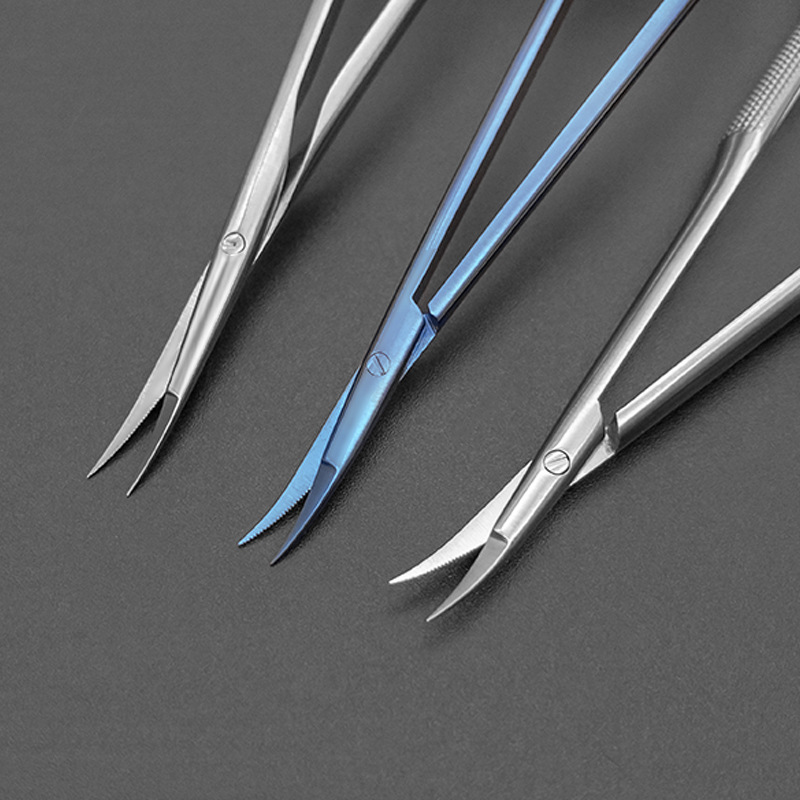 The uphill type micro-scissors are used for forward cutting of coronary arteries, gun-shaped micro-scissors, and stainless steel crescent-shaped scissors details Picture