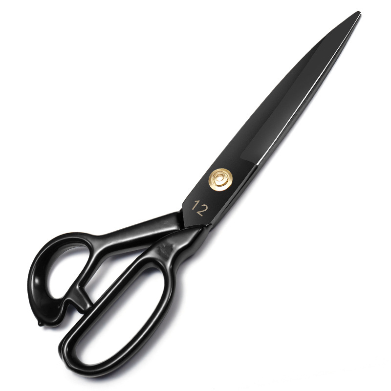 Wholesale of various sizes of blackened tailor scissors in stock from the factory, made of stainless steel, steel and fabric, tailors details Picture