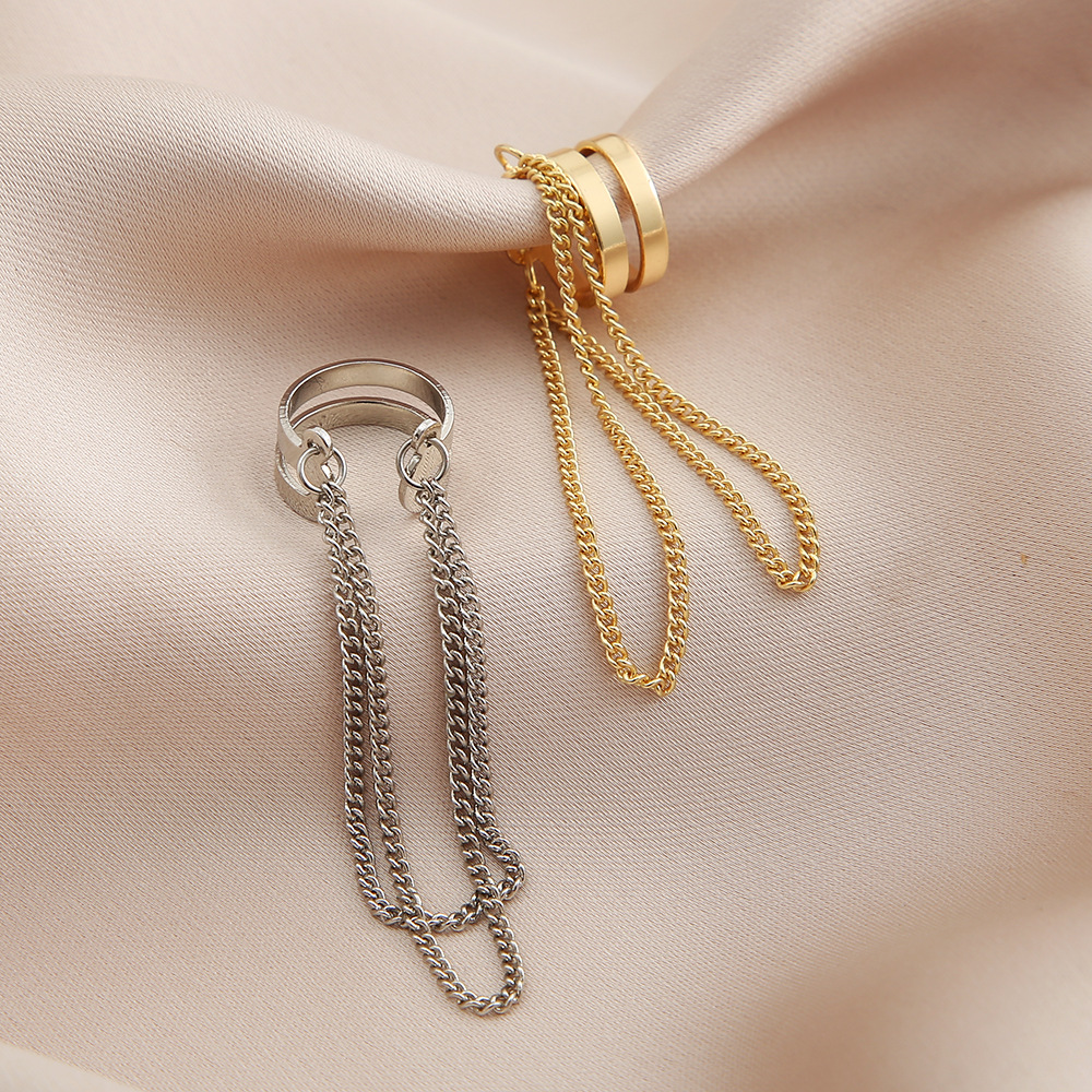 New personalized double-layer metal chain tassel earrings from Europe and America, creative and niche hip-hop style, no ear piercings, ear bone clips Specification drawing