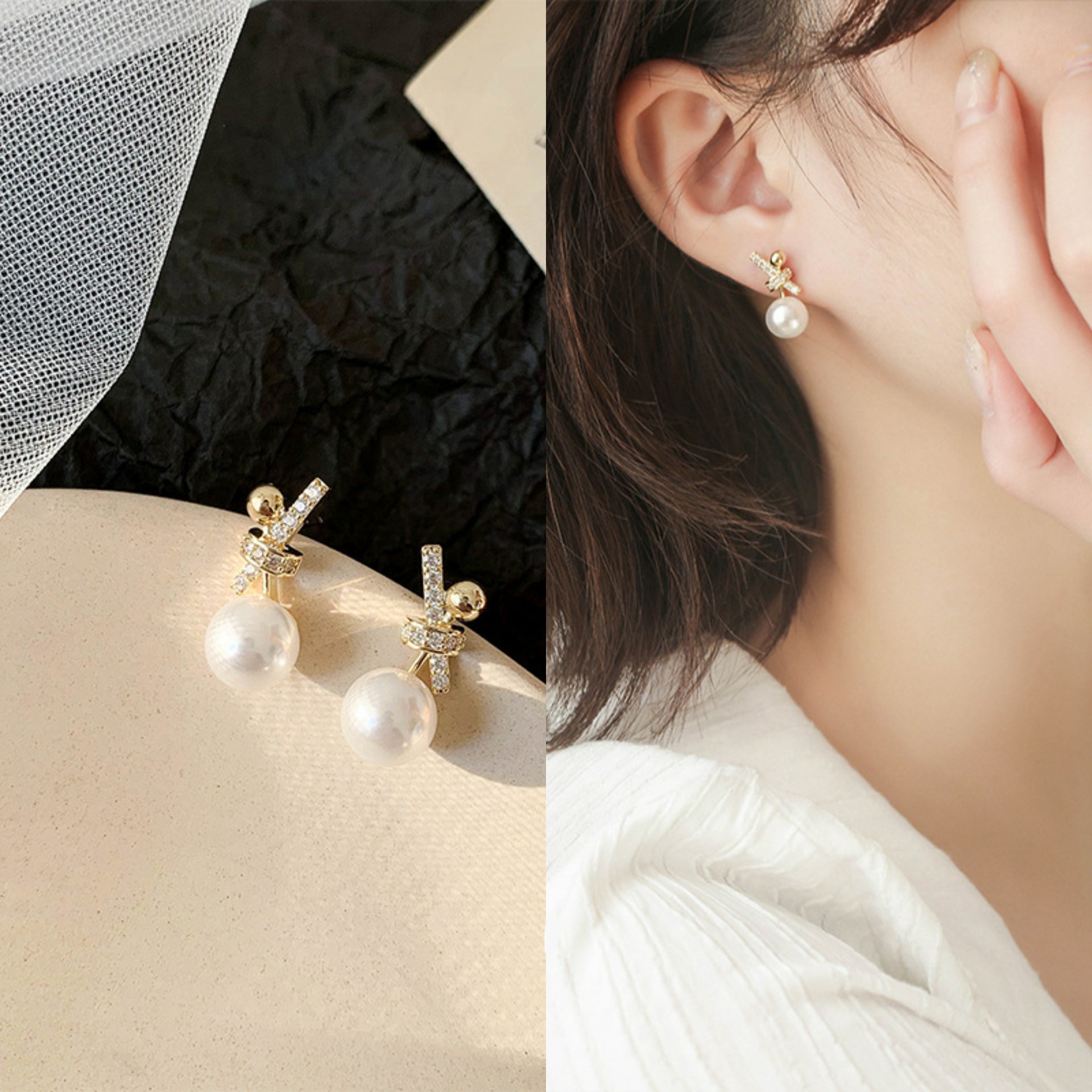 Korean Dongdaemun pearl stud earrings, simple and elegant bow earrings, women's retro design style earrings S925 silver needle Specification drawing