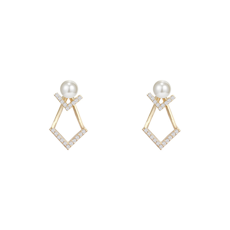 Double-layer V-shaped micro-inlaid zircon pearl back-hanging stud earrings with a unique and elegant style, versatile, simple and sweet individual earrings Item Picture