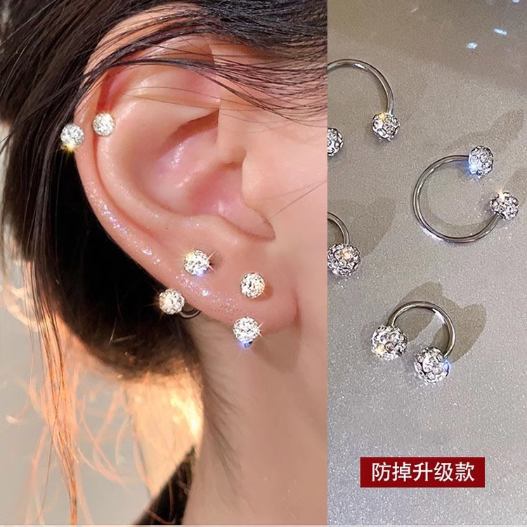 Super sparkling ear bone nails for women, no need to remove them when sleeping. Double-head twist-off horseshoe-shaped two-ring, a niche design, small titanium steel earrings full figure