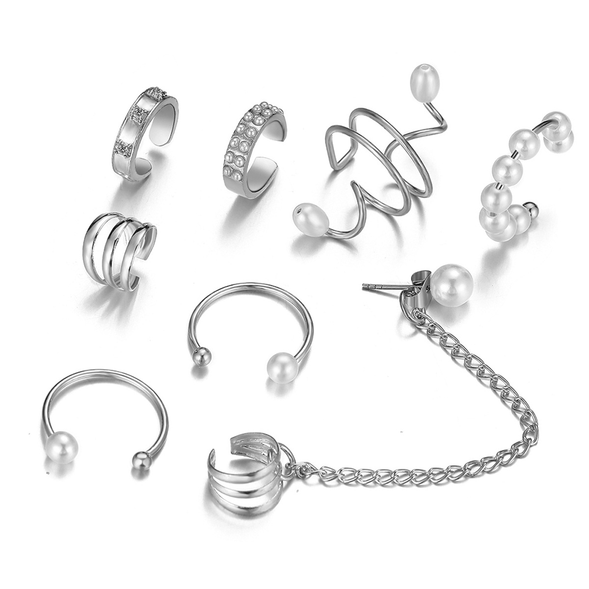 New best-selling creative imitation pearl tassel ear bone clips without ear holes, 8-piece set of large and small pearl ear clips full figure