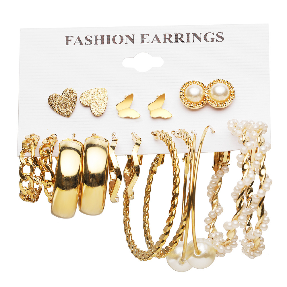 New European and American earring set, creative and simple earring set, 9 pairs of butterfly heart earrings, pearl imitation ear rings Item Picture