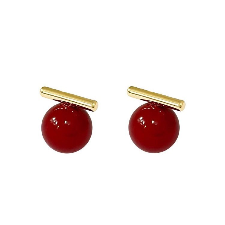 One-piece metal red bead stud earrings for women, with a unique design sense, retro, simple and elegant style, versatile earrings and earrings Item Picture