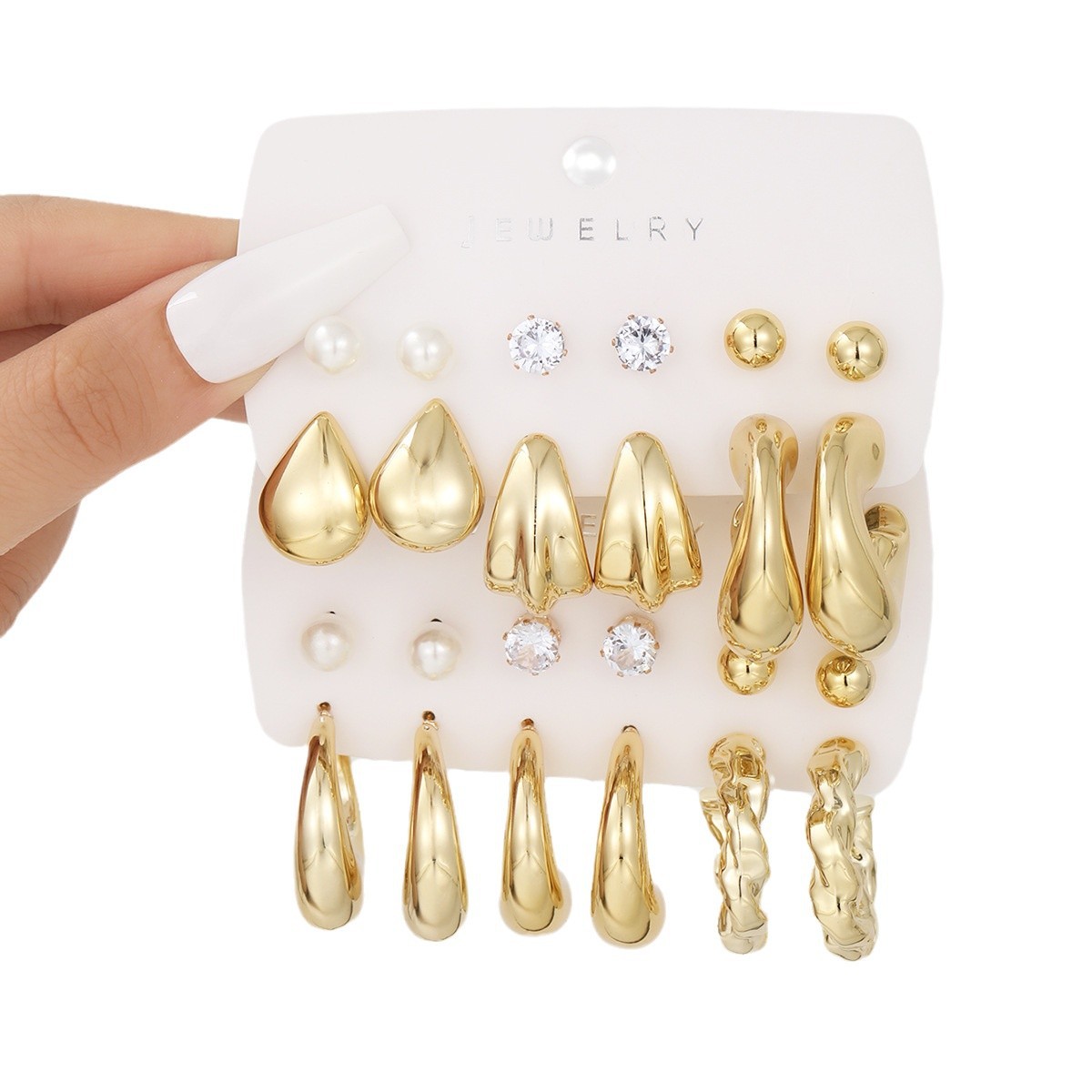 A new 12-piece set of cross-border European and American fashion, simple and high-end style, unique C-shaped irregular water drop diamond earrings for women Item Picture