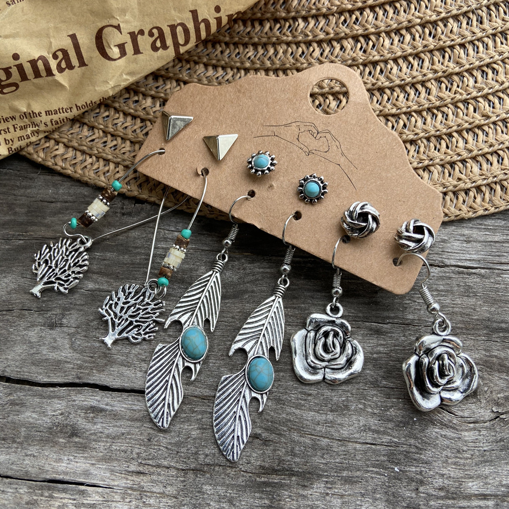 51598 Han Zhishang Cross-border Sun, Leaf and Moon Stud Earring Set 6 Pairs Creative Retro Hollowed-out Carved Earrings details Picture