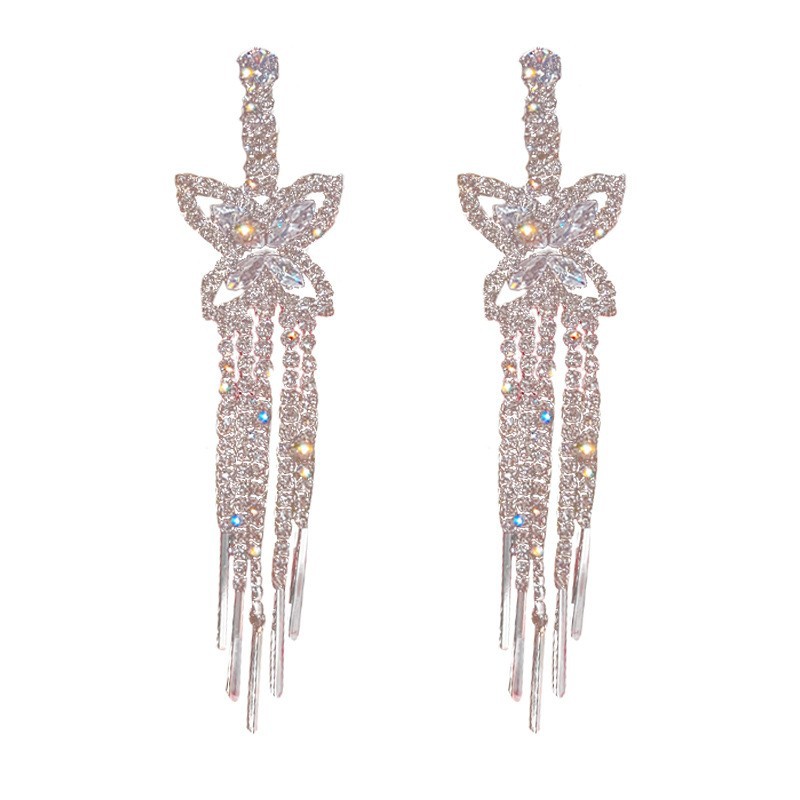 925 Silver needle European and American exaggerated diamond-encrusted butterfly tassel earrings, ins high-end, fashionable and stylish, trendy and unique earrings Item Picture