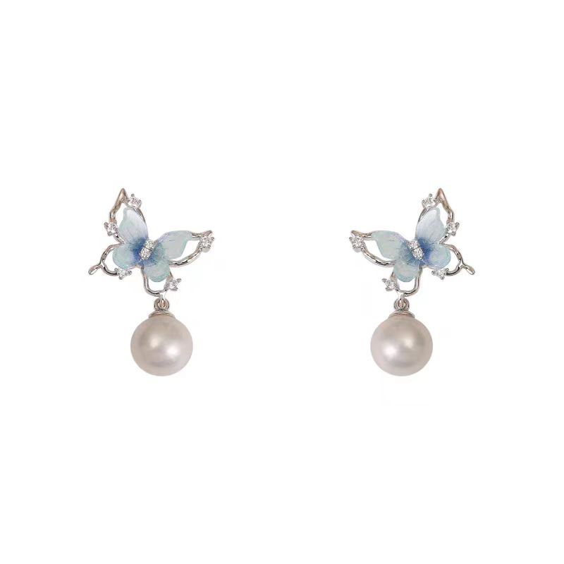 Blue butterfly pearl tassel earrings for women, exuding a touch of light luxury and sophistication, with a gentle and refined temperament. New 2024 exquisite earrings Item Picture