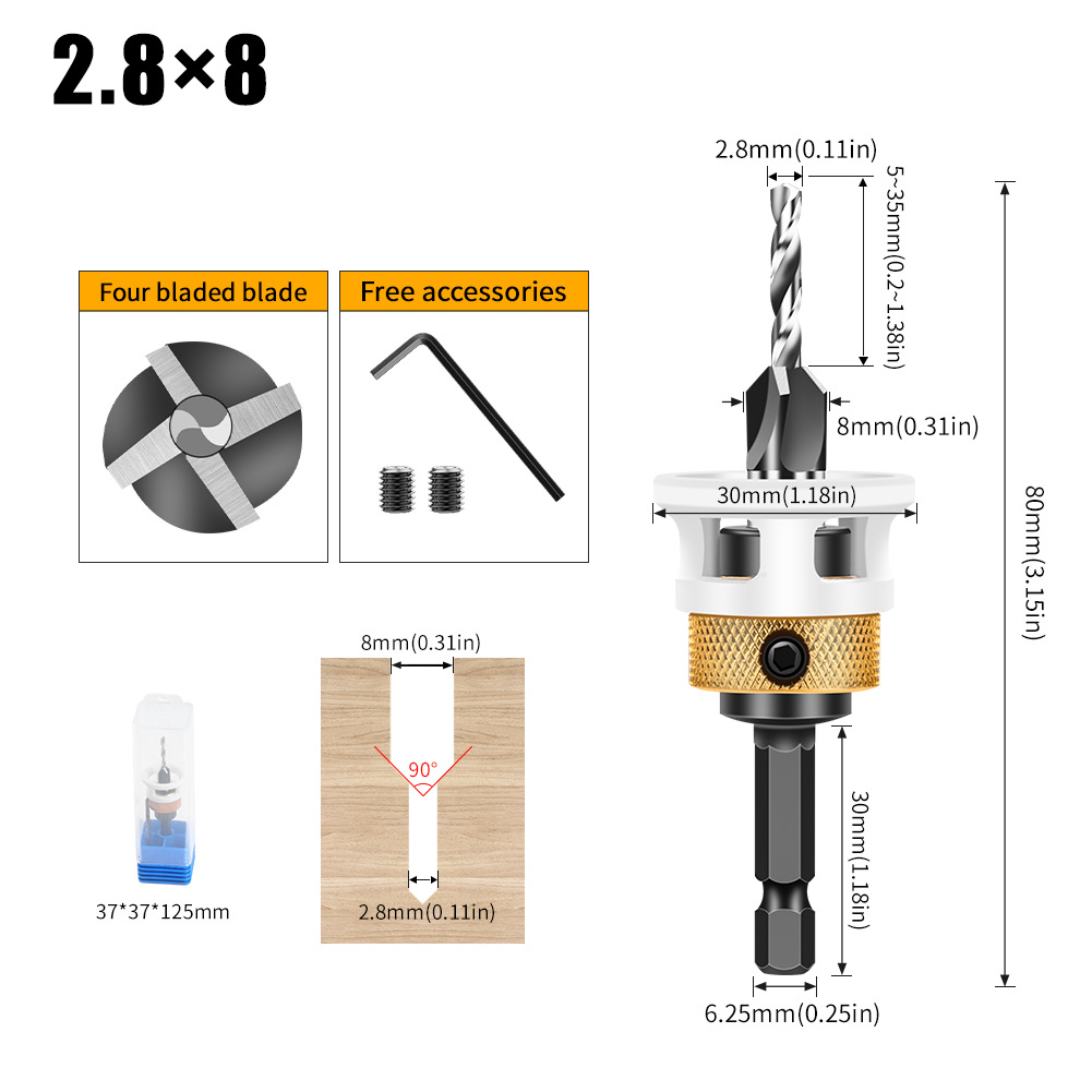 Woodworking limit four-edge counterbore drill, alloy head conical drill, adjustable depth step drill, hidden screw counterbore undefined