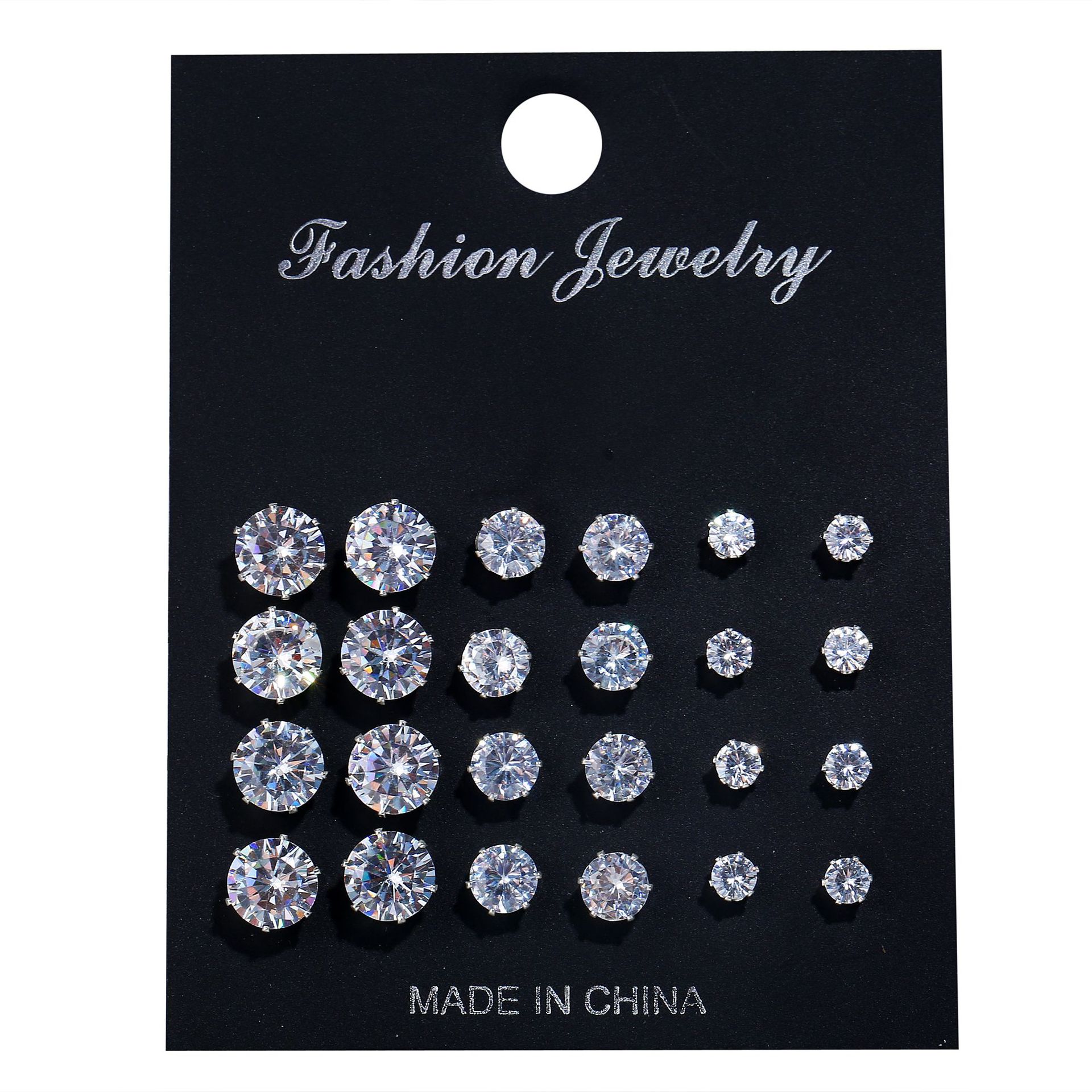 European and American export jewelry round six-prong crystal zircon set 12 pairs of stud earrings simple and elegant cross-border supply Item Picture
